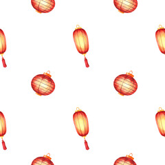  Seamless pattern of traditional Chinese lanterns. Red round and oval paper lanterns with warm glow, arranged diagonally on a white background. Hand-painted watercolor illustration.