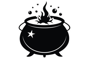 Witch's Cauldron Bubbling with Magic Potion and Star Icon, Vector Graphic