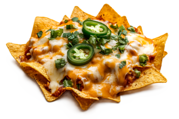 Top view of nachos melted cheese and jalapeos isolated on white festive food concept for Mexican themed promotions and fast food visuals