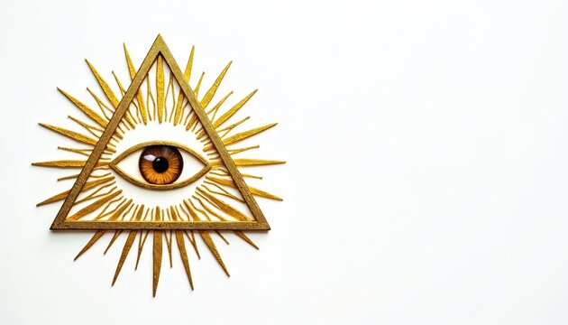 Golden Eye of Providence symbol, with detailed realistic eye, triangle, sun rays on white background. Concept of divine providence, god watch over humanity, esoteric spiritual symbol, religious,