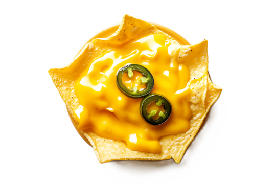 Top view of nachos melted cheese and jalapeos isolated on white festive food concept for Mexican themed promotions and fast food visuals