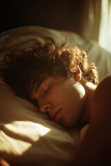 Peaceful young man sleeping in soft morning light
A curly-haired young man sleeps on his side, facing away, wrapped in neutral sheets and bathed in early sunlight. The atmosphere is intimate 