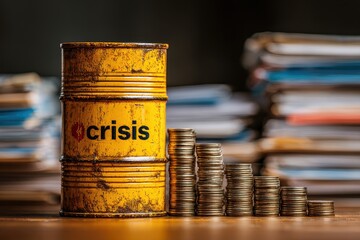 Concept showing the economic crisis with an oil barrel and descending stacks of coins symbolizing financial losses and challenges in the energy sector.