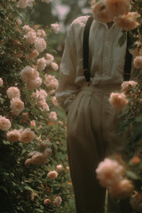 Vintage Garden Style with Roses and High-Waisted Trousers
A soft, nostalgic composition showing a young person in beige high-waisted trousers with suspenders, standing among blooming pale roses. 