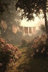 Morning Sunlight in a Garden with Hanging Laundry and Roses