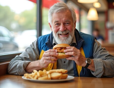 Bearded senior man smiling, eating chicken sandwich in fast food restaurant. Happy elderly male enjoys meal, fries on table. Food and drink concept, lifestyle, day.