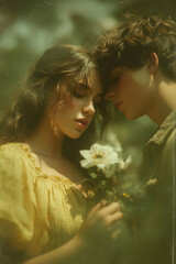 reamy Couple in a Summer Garden with a White Flower
A romantic scene of a young couple in a sunlit garden, the girl in a soft yellow dress gently smelling a white flower while the boy leans close 