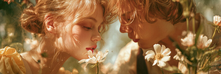 reamy Couple in a Summer Garden with a White Flower
A romantic scene of a young couple in a sunlit garden, the girl in a soft yellow dress gently smelling a white flower while the boy leans close 