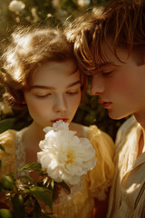 reamy Couple in a Summer Garden with a White Flower
A romantic scene of a young couple in a sunlit garden, the girl in a soft yellow dress gently smelling a white flower while the boy leans close 