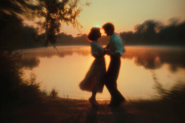  Blurred Couple Dancing at Sunset by the Water
A poetic scene of a couple dancing near a calm lake at sunset, their silhouettes slightly blurred in motion, evoking nostalgic summer romance 