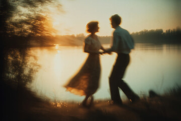  Blurred Couple Dancing at Sunset by the Water
A poetic scene of a couple dancing near a calm lake at sunset, their silhouettes slightly blurred in motion, evoking nostalgic summer romance 