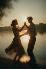  Blurred Couple Dancing at Sunset by the Water
A poetic scene of a couple dancing near a calm lake at sunset, their silhouettes slightly blurred in motion, evoking nostalgic summer romance 