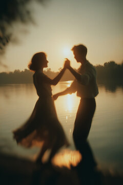  Blurred Couple Dancing at Sunset by the Water
A poetic scene of a couple dancing near a calm lake at sunset, their silhouettes slightly blurred in motion, evoking nostalgic summer romance 