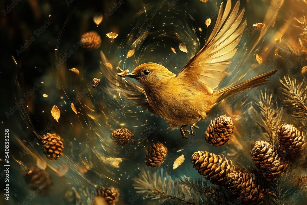 Poster bird nibbles pine cones while seeds whirl and fall in a woodland setting, bird nibbles the cones and