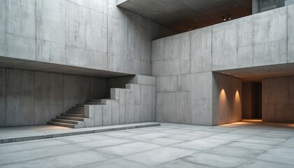 Contemporary minimalist concrete wall design interior with stairs, modern urban setting. Industrial style architecture, pro viewpoint. Clean lines, simplicity, visual space, lighting, clarity, trend.
