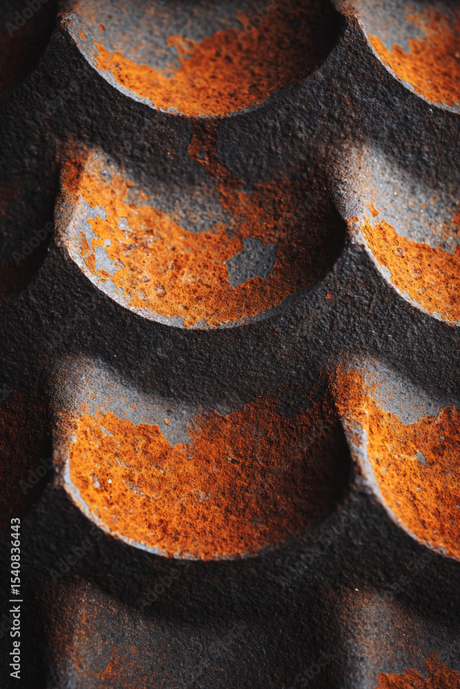 Poster close up of rusty metal surface with repeating semi circular shapes and texture detail showing corro