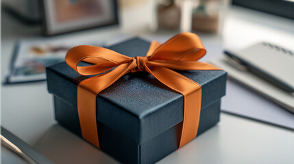 Dark Blue Gift Box with Orange Ribbon and Stationery Flatlay