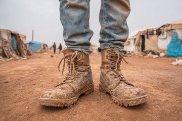 Close-up on muddy boots worn by refugee in camp, highlighting resilience and hardship, dirty jeans and worn boots depict a life of displacement in poverty.