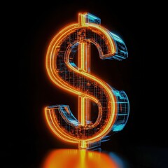 A futuristic dollar sign icon with neon accents in a dark studio