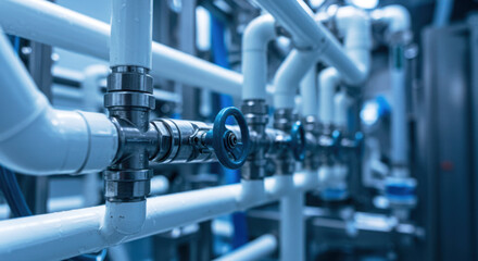 Industrial piping system with valves in blue toned facility  