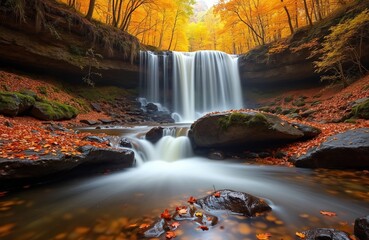 Scenic autumn waterfall in Glen with vibrant fall foliage, trees. Long exposure water effect of river stream. Pennsylvania state park with cascade. Natural landscape, peaceful scenery.