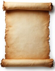 Ancient parchment scroll, antique document. Rolled against white background. Old paper texture, edges. Preserved script, historical artifact. For history, literature, education projects, classic