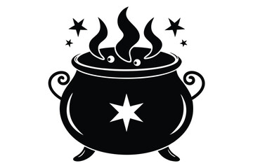 Cartoon Witch's Cauldron Bubbling with Magic, Surrounded by Stars in Black and White