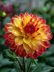 A close up of a dahlia flower with yellow and red petals and a blurred green background in a garden setting
