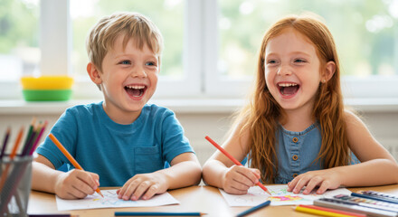 Fototapeta premium Two smiling children enjoying an art activity at table indoors 