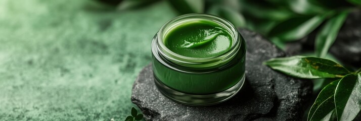 Glass jar with green moisturizing cream placed on stone, surrounded by lush green leaves. Generated AI
