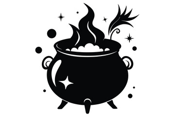 Black Witch's Cauldron Bubbling Potion, Stars, and Decorative Plant Illustration for Halloween Decor