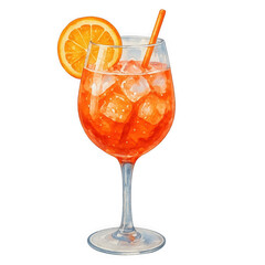 Watercolor aperol spritz cocktail in glass with orange slice isolated on transparent background