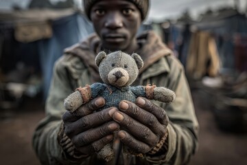 A melancholic portrait of a young boy clutching a worn teddy bear, conveying themes of poverty, loss, childhood innocence, and the resilience of the human spirit.