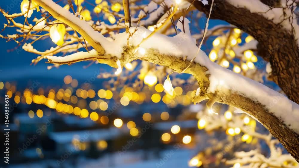 Poster tree branches with white snow and yellow lights in the background cityscape.