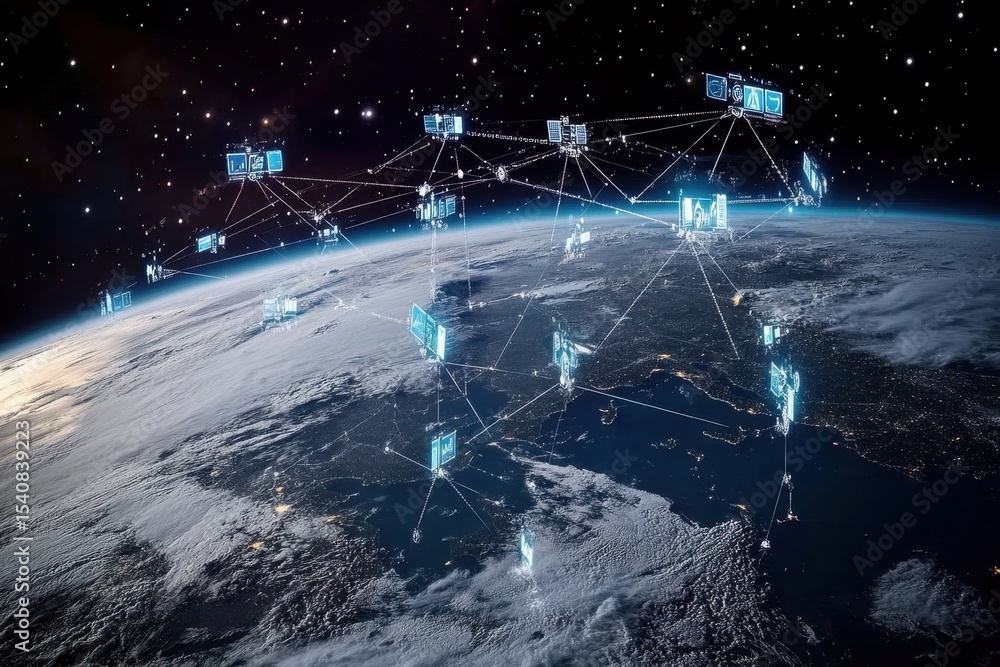 Poster global network visualizing data connections over earth with intricate icons and linkages, global net
