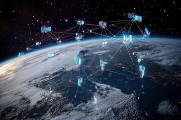 Global network visualizing data connections over Earth with intricate icons and linkages, Global network of data icons and connections over Earth