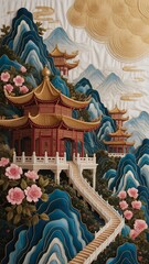 Serene asian temple landscape embroidery art