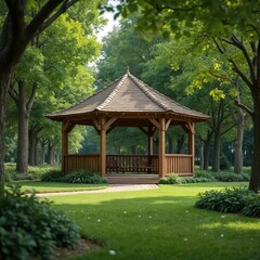 Fototapeta premium Wooden gazebo in green garden with trees. Relaxing place to rest, leisure in nature. Summer sunny day, vacation in park or backyard. Fresh green grass, landscaping design, shade, natural environment.