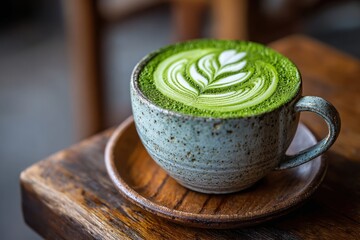 A cup of matcha latte art sits on a wooden table, showcasing the intricate green and white leaf design, close up and providing a sense of warmth and comfort.