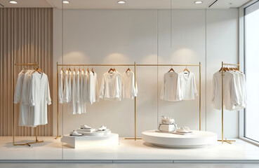 Modern white clothes shop interior. Retail boutique store with stylish window display. Minimalist design, gold racks, white blouses, dresses on hangers. Clean contemporary space. Light, airy