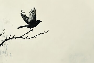 Sparrow leaps from a branch and takes to the sky at dusk, sparrow jumps on a branch and flies away