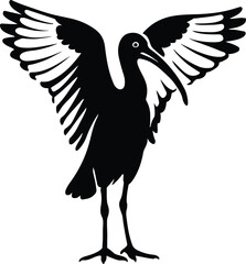 Ibis silhouette with wings spread elegant, Wading bird in flight black white sketch