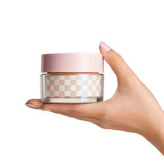 Elegant Pink Cosmetic Jar Held by Hand for Beauty Product Display
