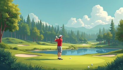 Golfer poised swing on golf course illustration. Cartoon man in uniform plays sports on green field. Scenic illustration of golf course, nature. Sport activity with club, leisure, vacation, weekend.