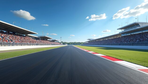 Race track with clear blue sky. Spectators in grandstands. Racing competition. Motorsports event, circuit asphalt. Motorsport, cars, victory. High speed. Dramatic view on competition.