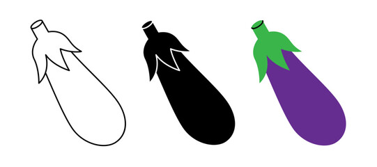 Fresh eggplant icon set. Fresh organic vegetable symbol for kitchen, menu, food package design. Vector illustration