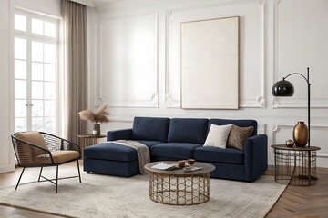 Modern navy sectional sofa in elegant living room interior