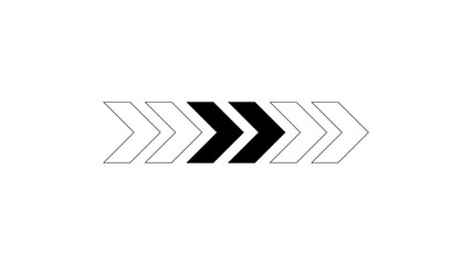 Seamless loop black chevron arrow with outline stripe animation moving horizontally from left to right on white background. 4K animated for motion graphics, road signage, and visual navigation.