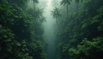 Dense tropical rainforest canopy with tall trees, foliage, rising mist undergrowth. Lush jungle scene, green plants, palm trees. Wilderness natural environment photo for eco travel, tourism.