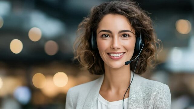Professional call center agent with warm smile in office setting